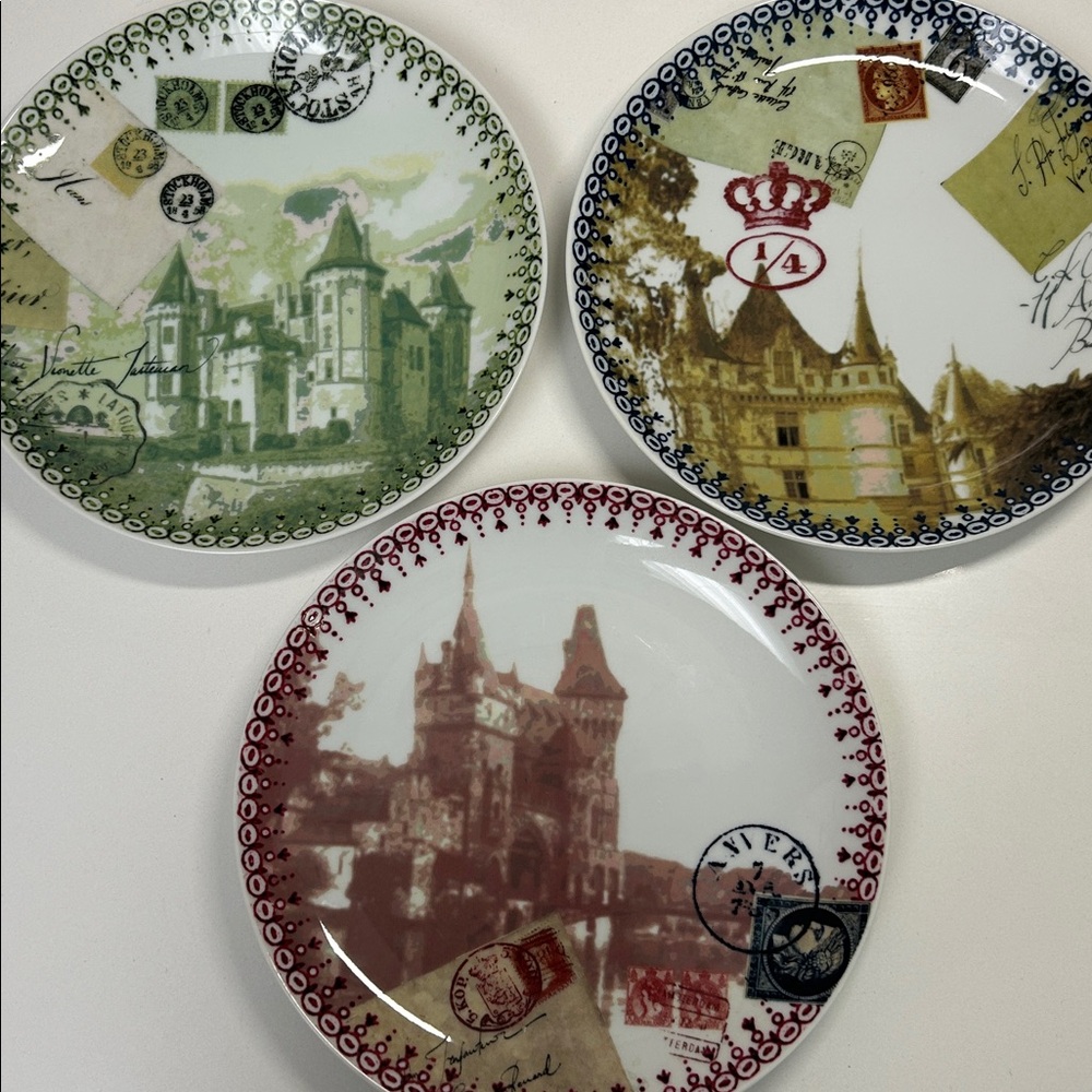 ANTHROPOLOGIE set of 3 Castle Ceramic Salad / Dessert Plates, 8" wide